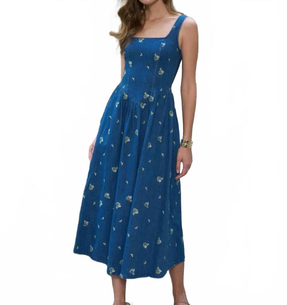 NEW MOON RIVER floral embroidered corset detail midi dress in indigo